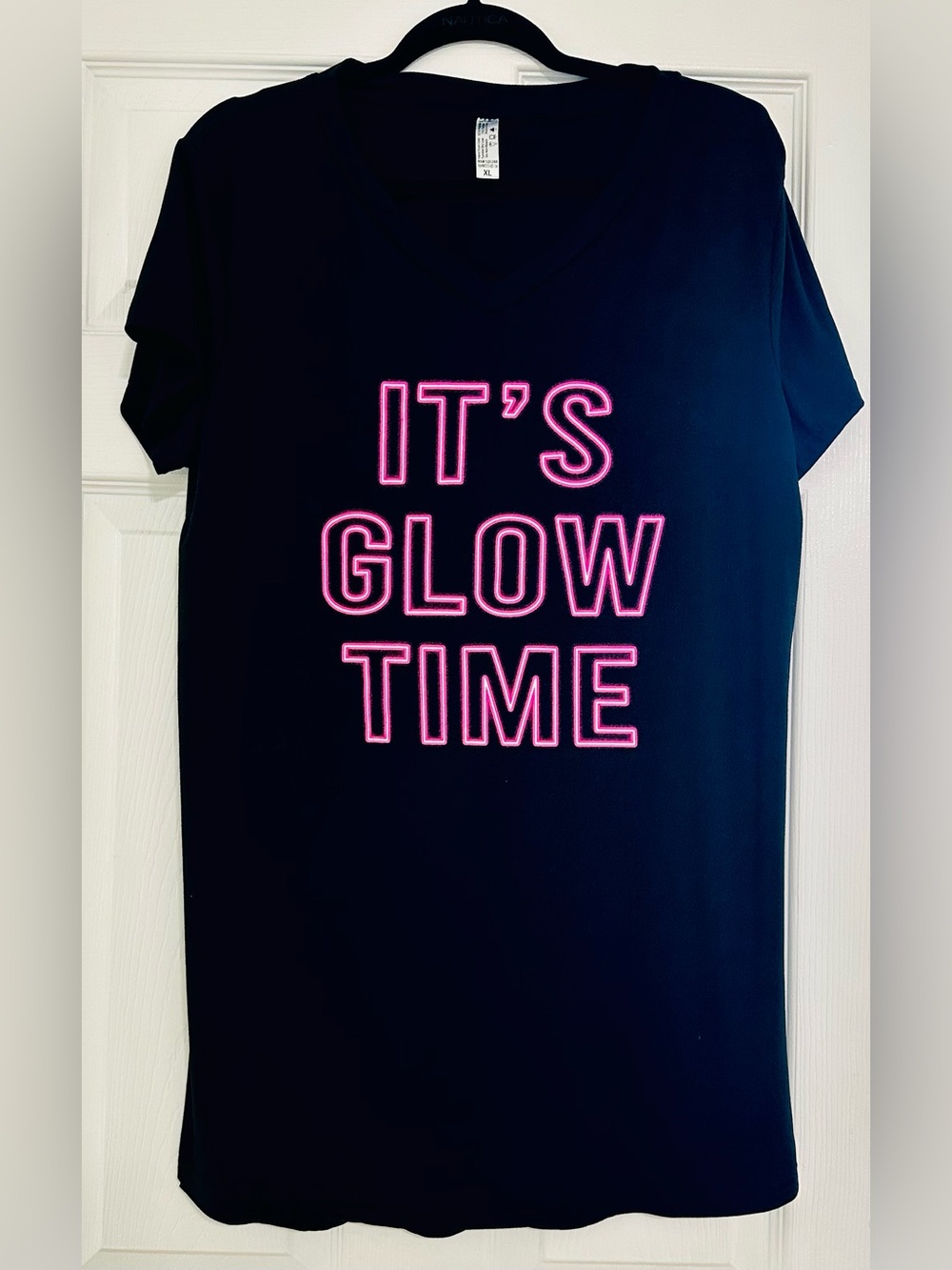 Black V-Neck Night Shirt with Pink
 "IT'S GLOW TIME" Neon Script🩷🖤🩷